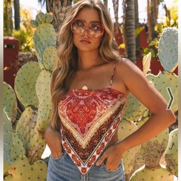 Cloud Ten Berri Printed Satin boho hippie Scarf Top Size Small - Picture 1 of 12